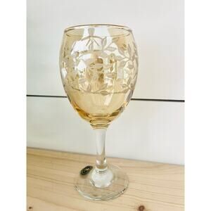 Vintage (1) Cristalleria Fumo Gold Wine Goblet Glass Etched Handmade